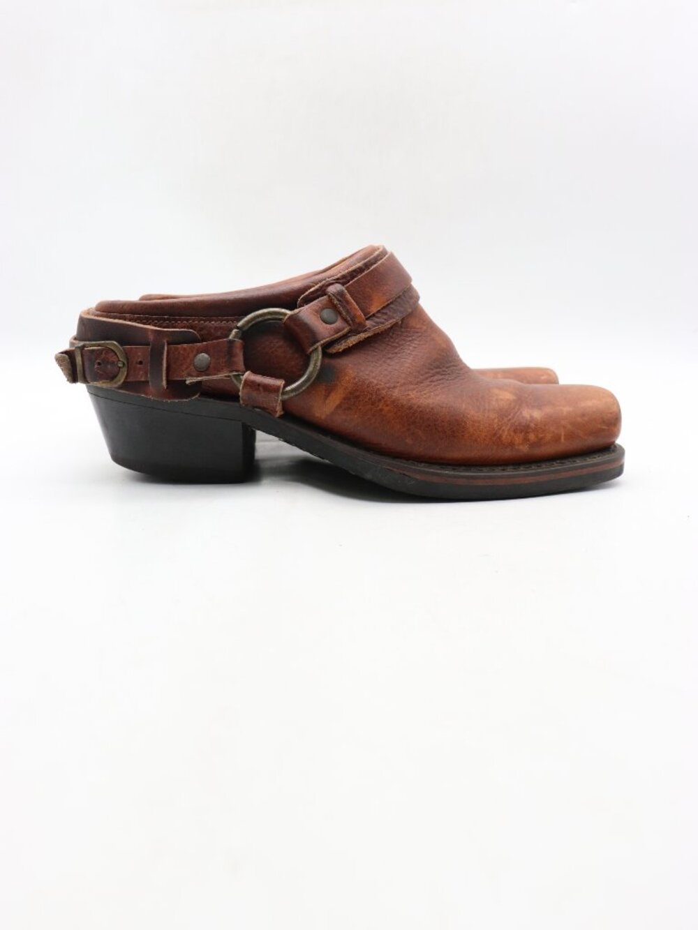 Vintage Frye Harness Mules Women's 8.5 M Brown Leather Clogs Belted Western USA